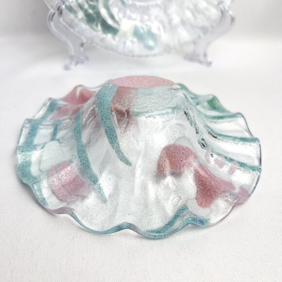 Fused Art Glass Bowl & Plate Set Pink Green Swirl Textured Floral Decor 2pc. - Picture 5 of 11